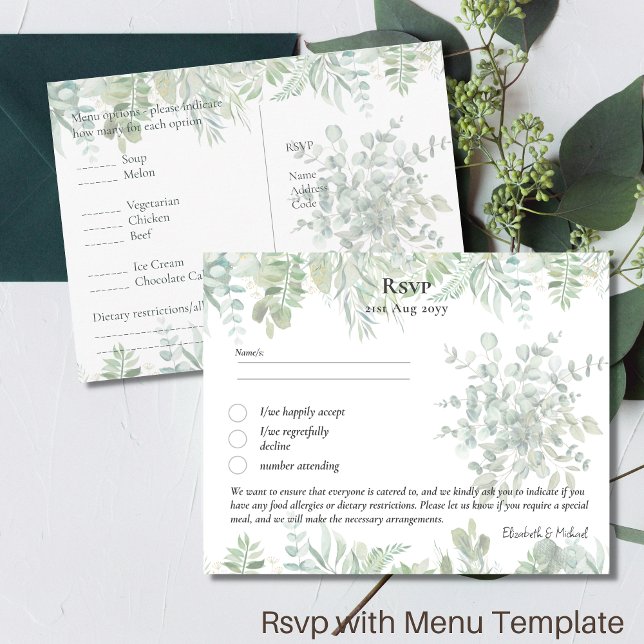 RSVP with Menu Template Rustic Greenery Leaf Boho Postkarte (Von Creator hochgeladen)