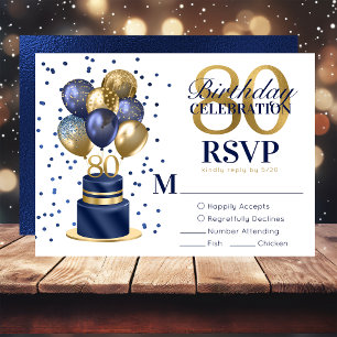 RSVP zum 80. Geburtstag mit blauem Ballon-Torte Karte