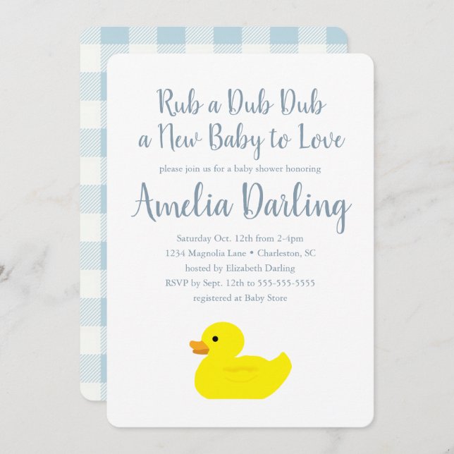 Rubber Duck Baby Shower Gingham Karo Einladung (Vorne/Hinten)