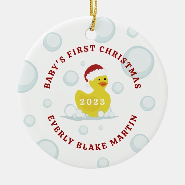 Rubber Duck Baby's First Christmas Bubbles Foto Keramik Ornament (Vorne)