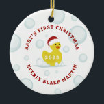 Rubber Duck Baby's First Christmas Bubbles Keramik Ornament<br><div class="desc">Illustration eines Spielzeugs aus gelbem Gummidraht mit einer Weihnachtsmannmütze,  umgeben von Blasen. Personalisieren Sie Ihre persönlichen Daten mit dem Namen und dem Jahr des Babys.</div>
