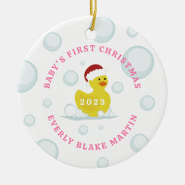 Rubber Duck Baby's First Christmas Bubbles Pink Keramik Ornament