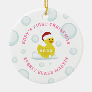 Rubber Duck Baby's First Christmas Bubbles Pink Keramik Ornament