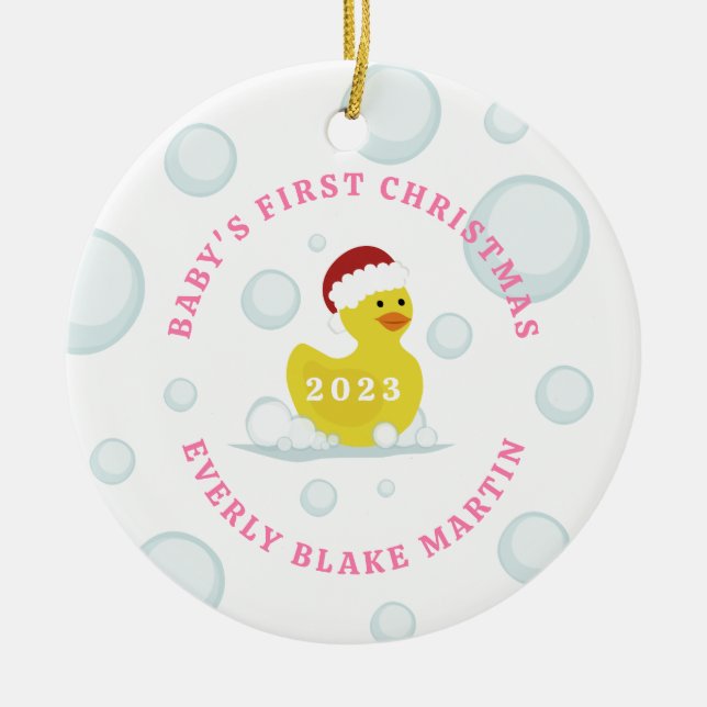 Rubber Duck Baby's First Christmas Bubbles Pink Keramik Ornament (Vorne)