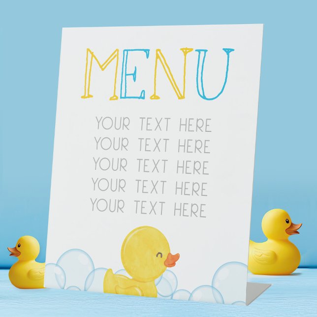 Rubber Duck Birthday oder Baby Showmenu Party Sockelschild (Large Rubber Duck Party Menu Sign for Baby Shower or Birthday Table Displays)