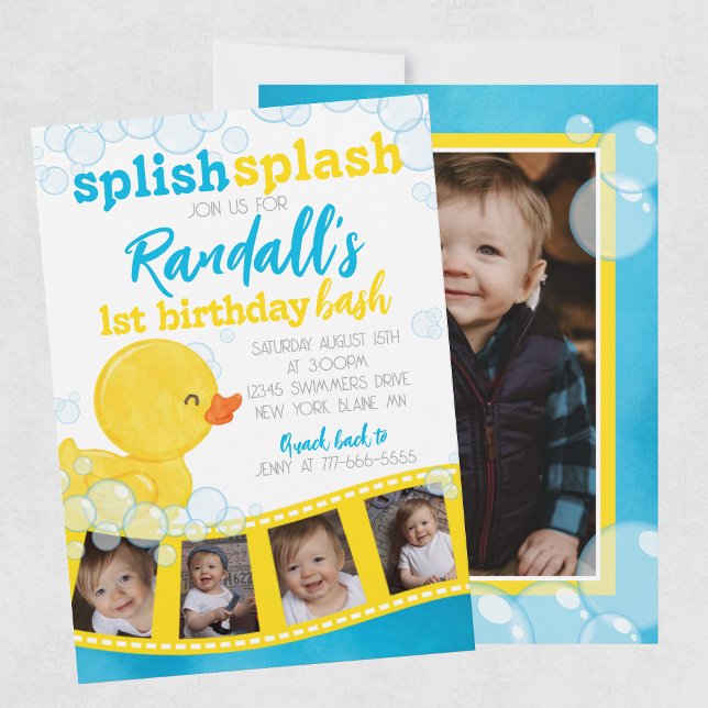 Rubber Duck Filmstrip Multi Foto Picture Geburtsta Einladung (Watercolor Rubber Duck 5 Photo Filmstrip Birthday Invitations. Printed or Digital Download)