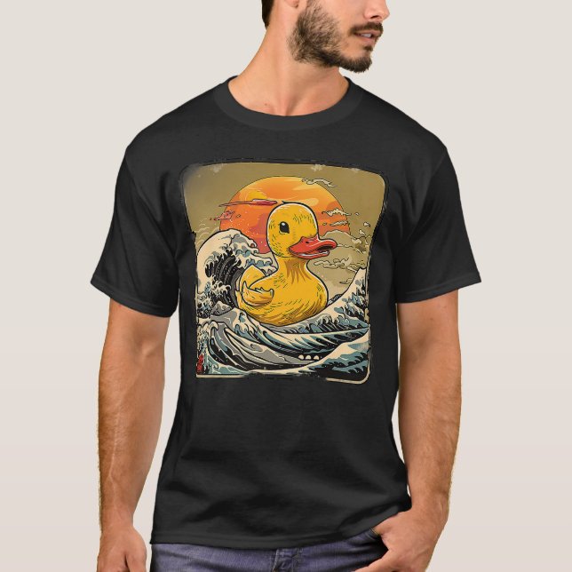 Rubber Duck Great Wave Ocean Sunset Drawing Rubber T-Shirt (Vorderseite)