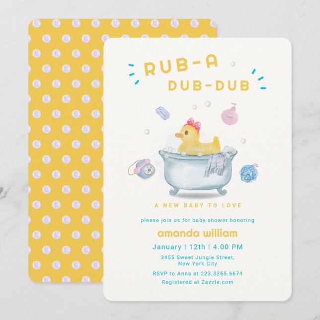Rubber Duck Rub A Dub Dub Bathtub Baby Shower  Einladung (Vorne/Hinten)