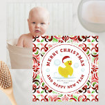 Rubber Duck Santa Christmas Foto Karte<br><div class="desc">Illustration einer gelben Gummiente mit Weihnachtsmannmütze,  umgeben von Blasen. Hintergrund ist rot und grün Aquarellmuster. Personalisieren Sie den Rücken mit dem Foto auf der Rückseite.</div>