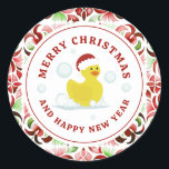 Rubber Duck Santa Christmas Foto Wasserfarbe Runder Aufkleber<br><div class="desc">Illustration einer Gummiente mit einer Weihnachtsmannmütze. Grenzen und Rückseite sind rot und grün,  florale Fliesen Muster.</div>
