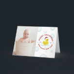 Rubber Duck Santa Christmas Photo Bubbles Feiertagskarte<br><div class="desc">Illustration of a rubber duck wearing a santa hat surrounded by bubbles.  Personalize with your family photo on front.  Personalize the text inside.</div>