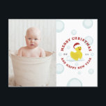 Rubber Duck Santa Christmas Photo Bubbles Feiertagspostkarte<br><div class="desc">Illustration of a rubber duck wearing a santa hat surrounded by bubbles.  Personalize with your family photo on front.  Personalize the text on back.</div>