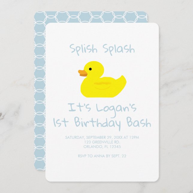 Rubber Duck Stripe First Birthday Party Invitation Einladung (Vorne/Hinten)
