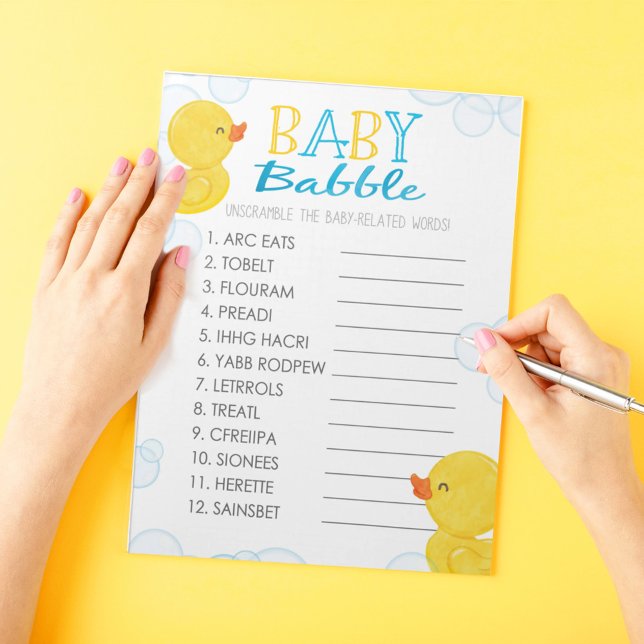 Rubber Duck Word entwirft Baby Shower Game Pack Notizblock (Baby Babble Word Unscramble Watercolor Rubber Duck Baby Shower Game Pack of 40 Answer Sheets)