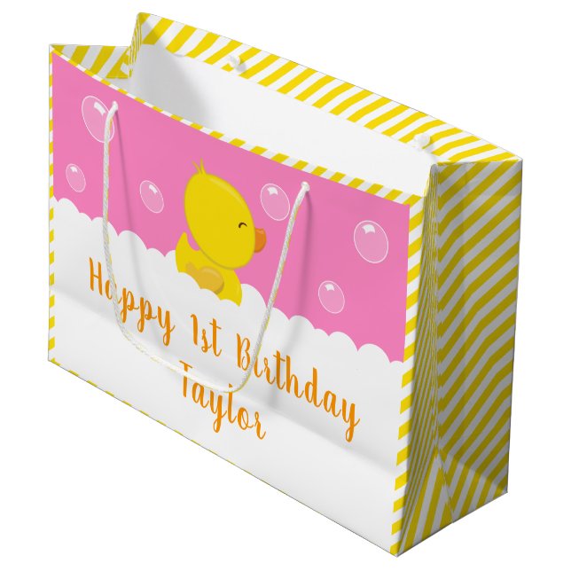 Rubber Ducky Gelb und Pink Happy Birthday Große Geschenktüte (Vorderseite Schrägansicht)