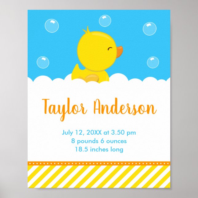Rubber Ducky Yellow and Blue Birth Statistics Poster (Vorne)