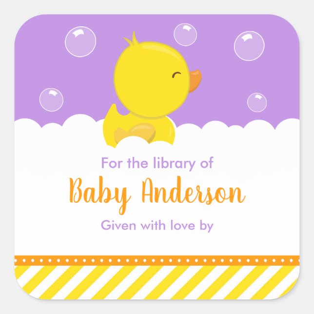 Rubber Ducky Yellow Lila Baby Library Buchzeichen Quadratischer Aufkleber (Vorderseite)