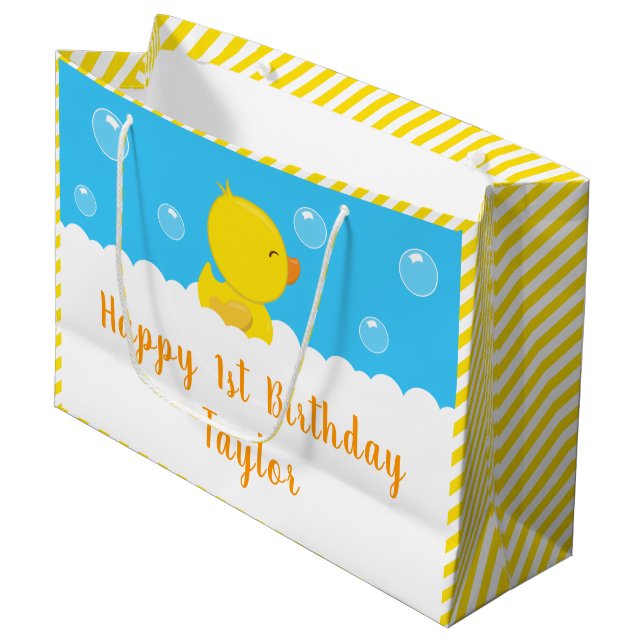 Rubber Ducky Yellow und Blue Happy Birthday Große Geschenktüte (Vorderseite Schrägansicht)
