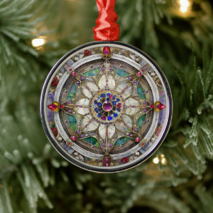 Rubin, Amethyst, Saphir und Perlen-Mandala Ornament Aus Metall