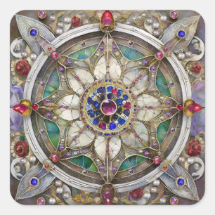Rubin, Amethyst, Saphir und Perlen-Mandala Quadratischer Aufkleber