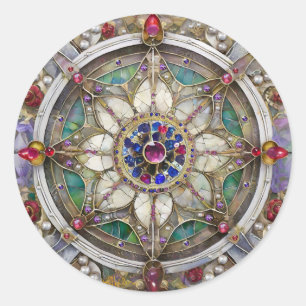 Rubin, Amethyst, Saphir und Perlen-Mandala Runder Aufkleber