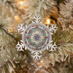 Rubin, Amethyst, Saphir und Perlen-Mandala Schneeflocken Zinn-Ornament