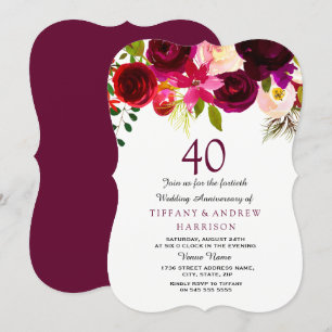 Rubin-Bordeauxrote Floral 40. Hochzeitstag Einladung
