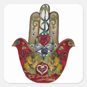 Rubin Granatapfel Herz Roter Vogel Hamsa Quadratischer Aufkleber