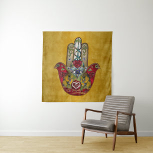Rubin Granatapfel Herz Roter Vogel Hamsa Wandteppich