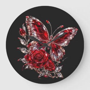Rubin Kristall Schmetterling & Rose Große Wanduhr