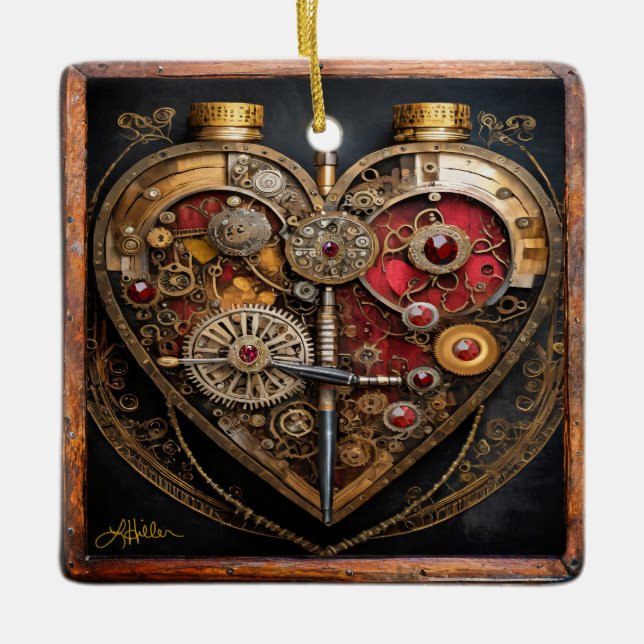 Rubine und Getriebe der Heart Steampunk Serie Keramikornament (Vorderseite)