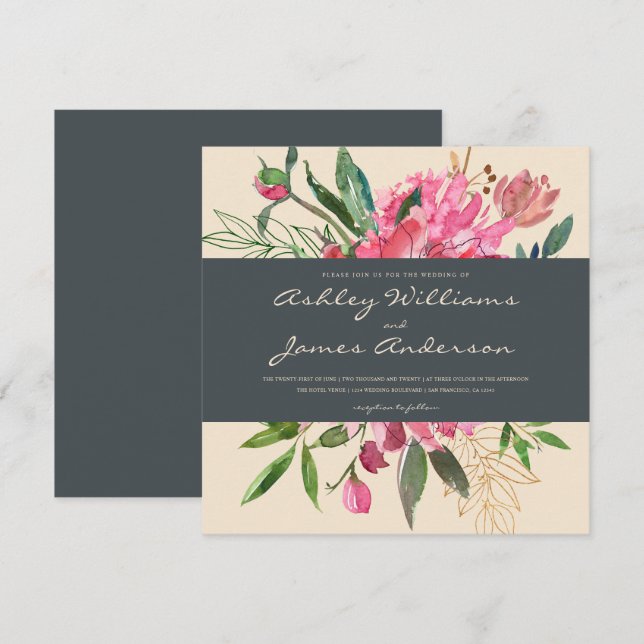 Rubinpäonien Blumen Hochzeitseinladung | Quadratis Einladung (Vorne/Hinten)