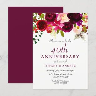 Rubinrote Burgunder Blumen 40. Hochzeitstag Einladung