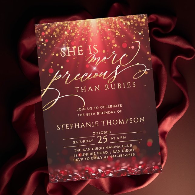 Rubinrote Gold Glitter-Kalligrafie 80. Geburtstag Einladung (elegant birthday invitation for mom ruby red gold more precious than rubies bible quote classy)