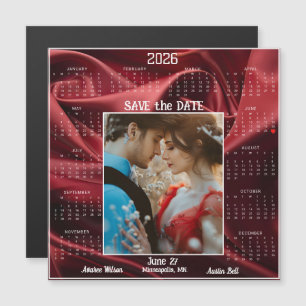 Rubinrote Luxus-Satin-Save-the-Date-Hochzeitspaar Magnetkarte