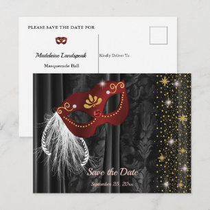 Rubinrote Maskerade Schwarzer Damast Save-the-Date Postkarte