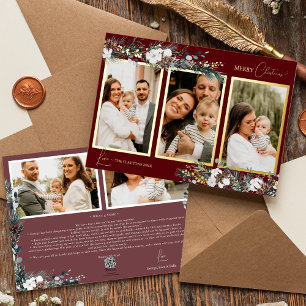 Rubinrote Vintage-Grünpflanzen-Fotocollage mit fün Folien Feiertagskarte