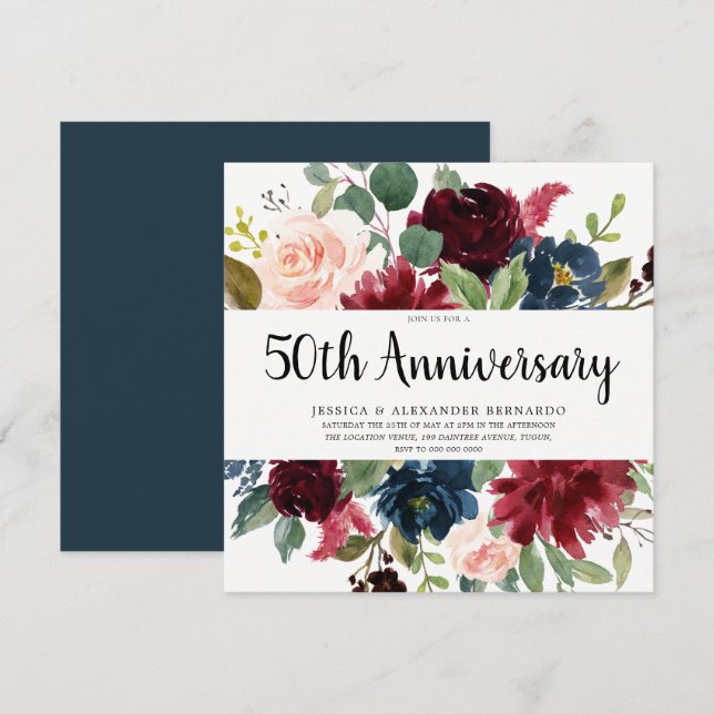 Rubinrote Weinblumen zum 50. Hochzeitstag Einladung (Vorne/Hinten)
