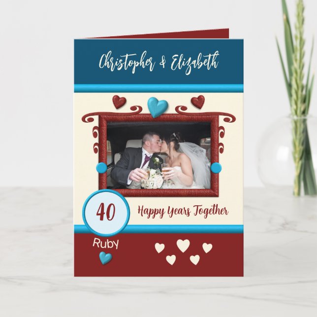 Ruby 40 Jahre Jubiläum Foto-Namen blau hinzufügen Karte (Vorderseite)