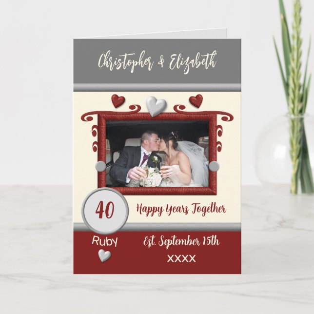 Ruby 40 Jahre Jubiläum Foto-Namen grau hinzufügen Karte (Vorderseite)