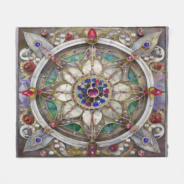 Ruby, Amethyst, Sapphire und Pearl Mandala Fleecedecke (Vorderseite (Horizontal))