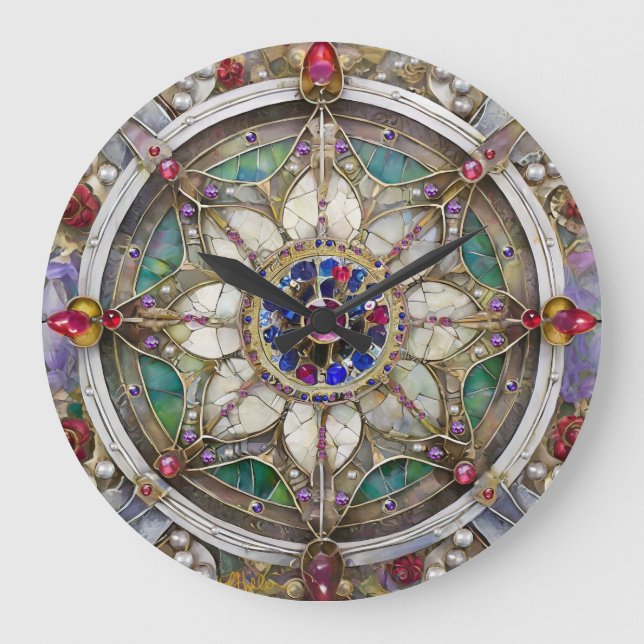 Ruby, Amethyst, Sapphire und Pearl Mandala Große Wanduhr (Vorderseite)