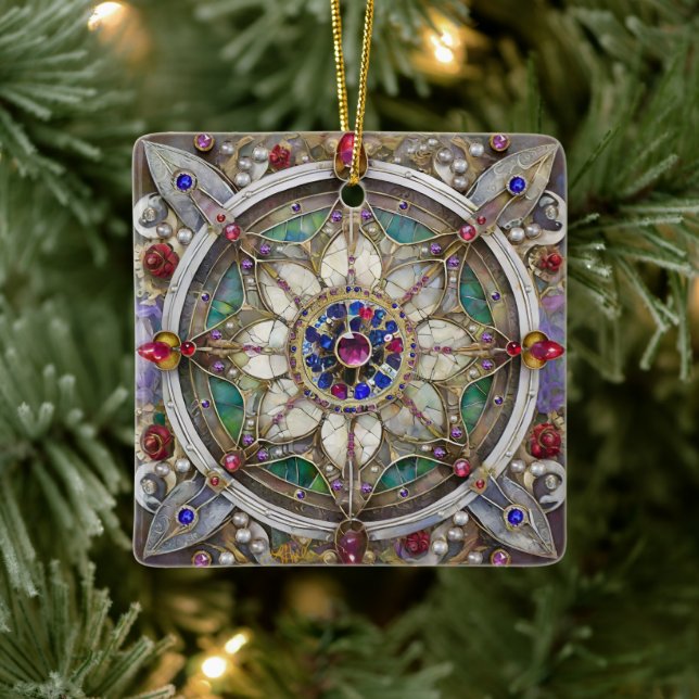 Ruby, Amethyst, Sapphire und Pearl Mandala Keramikornament (Baum)