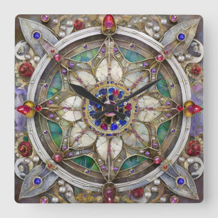 Ruby, Amethyst, Sapphire und Pearl Mandala Quadratische Wanduhr
