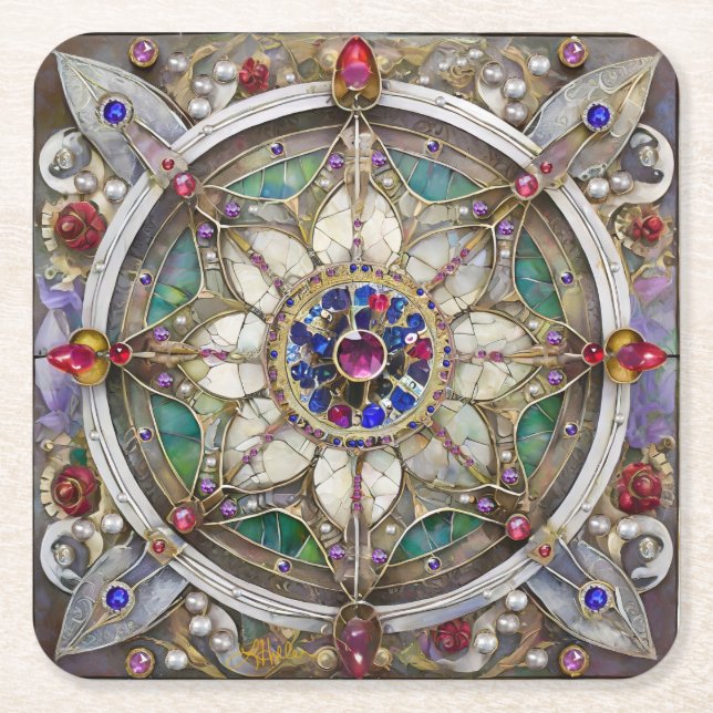Ruby, Amethyst, Sapphire und Pearl Mandala Rechteckiger Pappuntersetzer (Vorderseite)