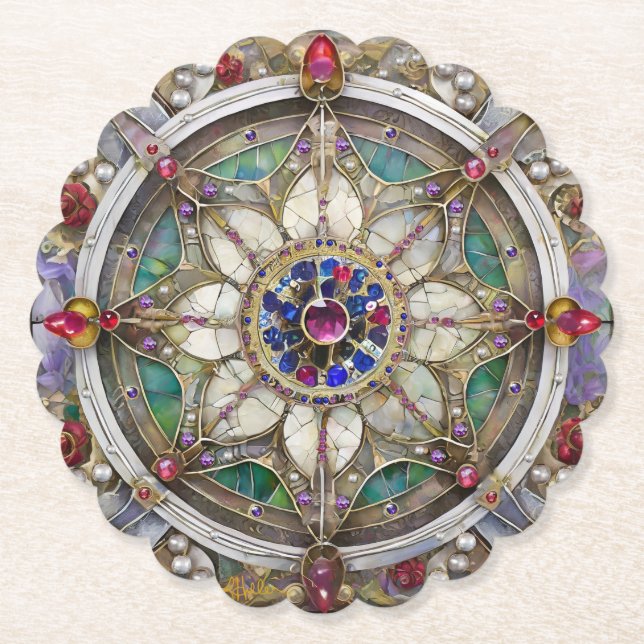 Ruby, Amethyst, Sapphire und Pearl Mandala Untersetzer (Vorderseite)