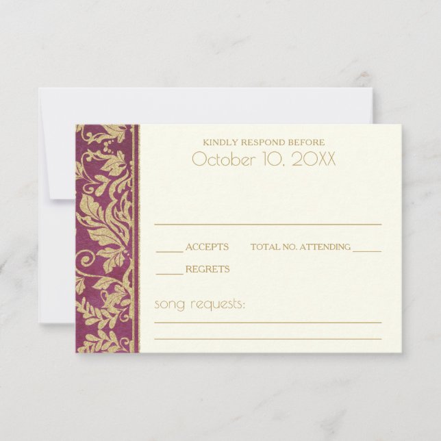 Ruby and Gold Damask Wedding Response RSVP Karte (Vorderseite)