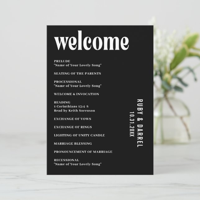 Ruby Black Modern Wedding Programm (Stehend Vorderseite)