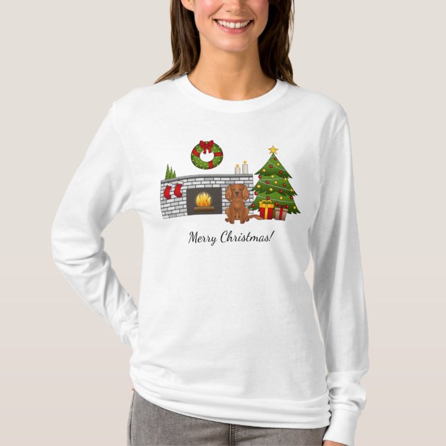 Ruby Cavalier Dog im Weihnachtszimmer T-Shirt (Vorderseite)