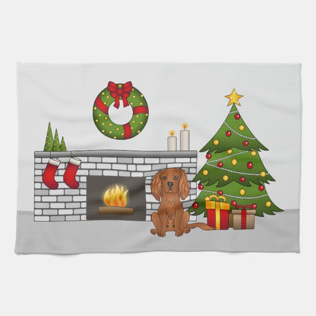 Ruby Cavalier Dog in einem Weihnachtszimmer Geschirrtuch (Horizontal)